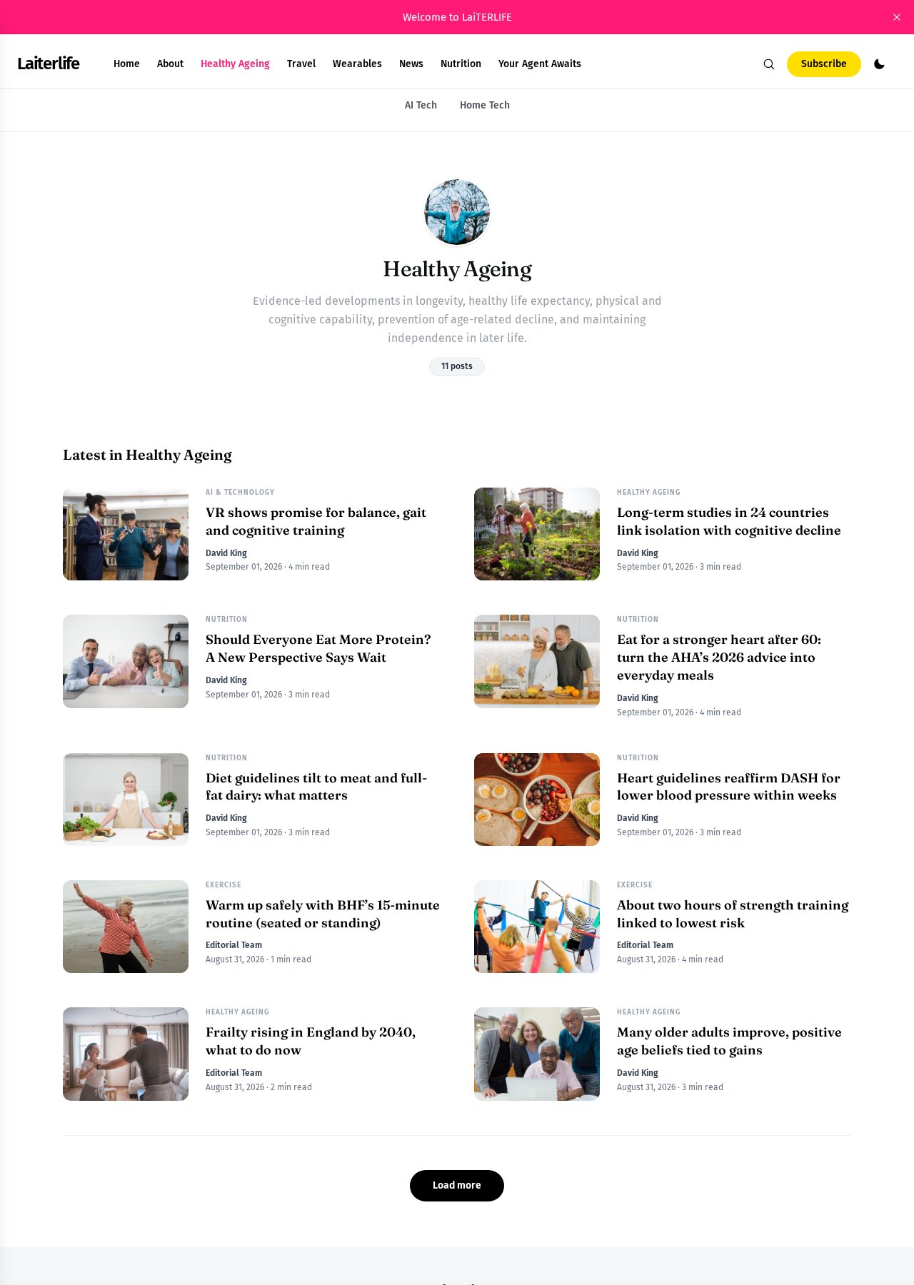 LaiTERLIFE Healthy Ageing coverage page with a grid of recent articles