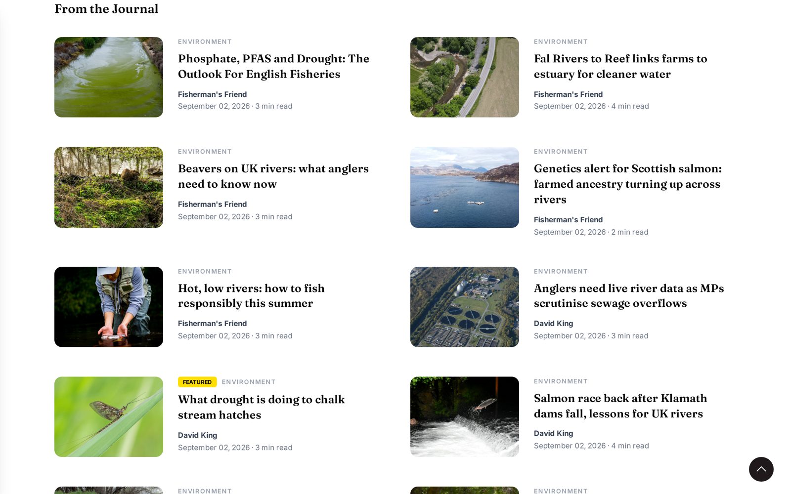Article index on tight-lines.net showing environment stories with images and bylines